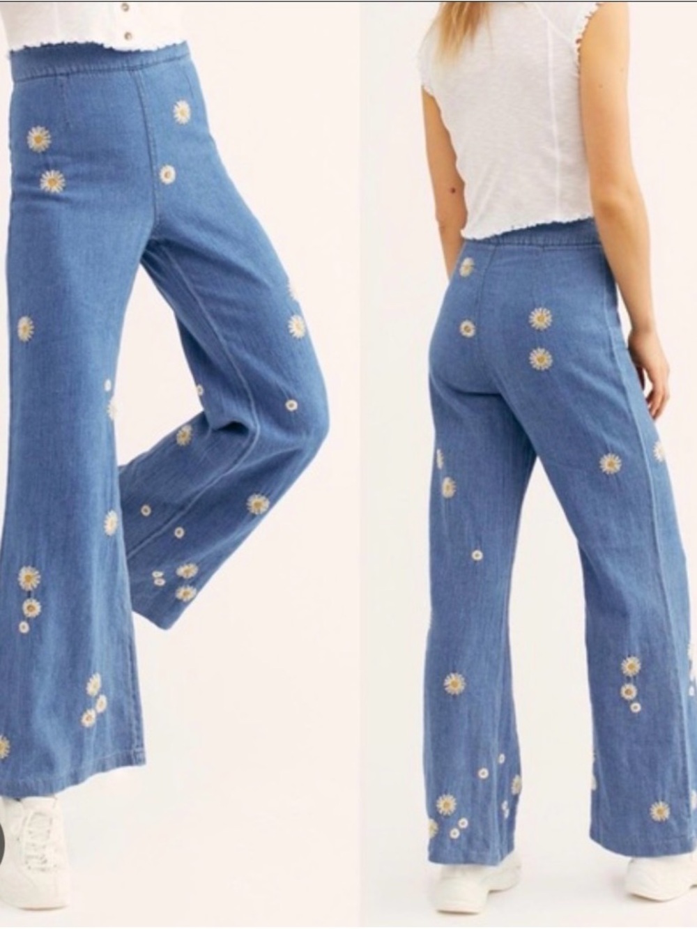 We The Free Blue Daisy-Embroidered Wide Leg Jeans